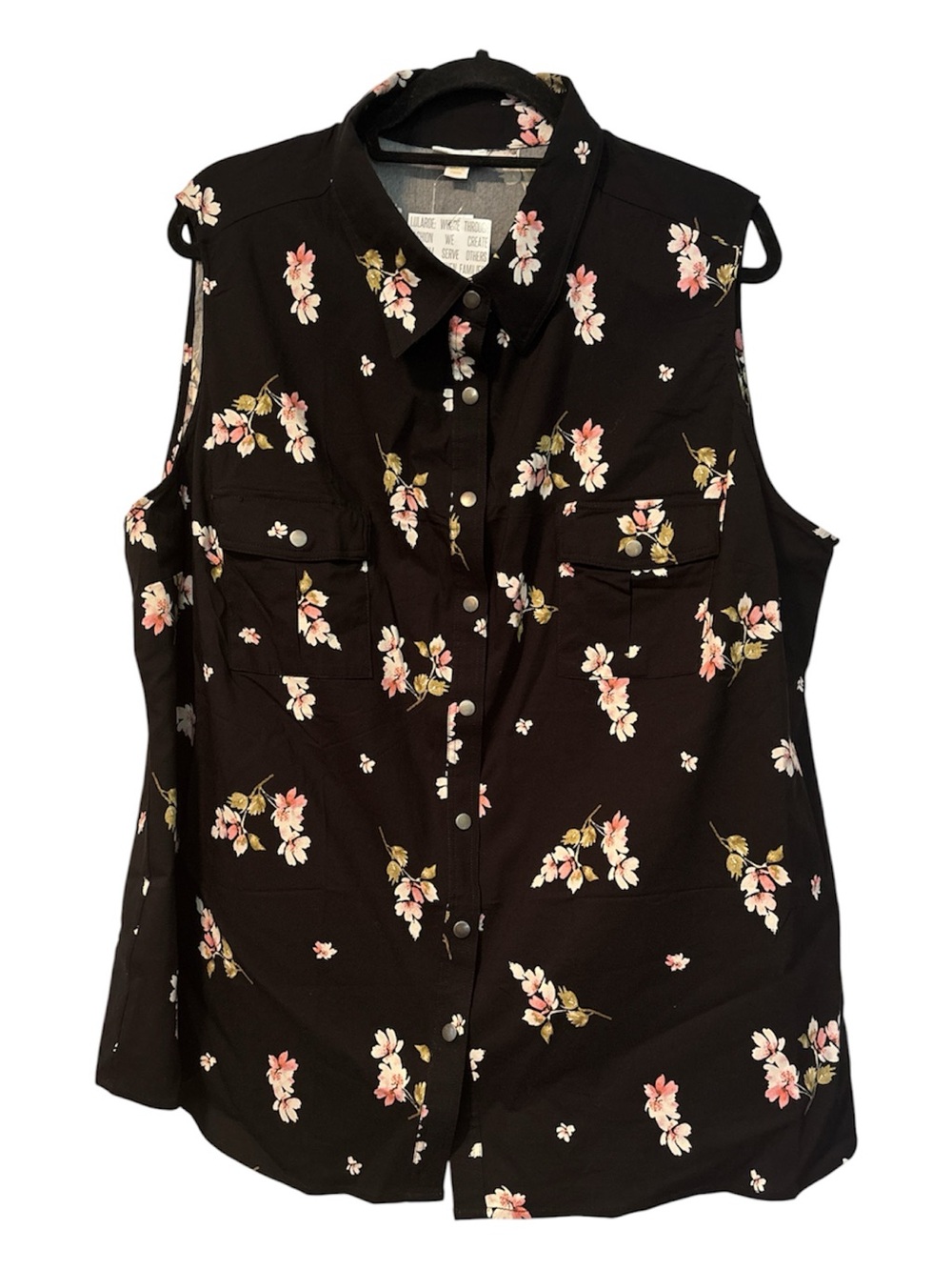 LuLaRoe Black Sleeveless Button-Down Top with Pink Floral Print